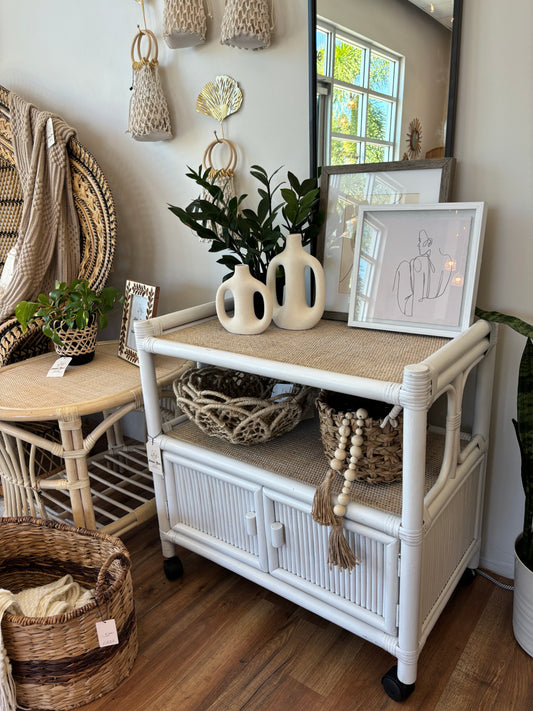 white rattan bar cart